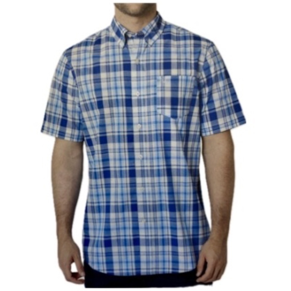 Chaps Easy Care Short-Sleeve Button Down Collared, Plaid, Blue/White, XL NWT